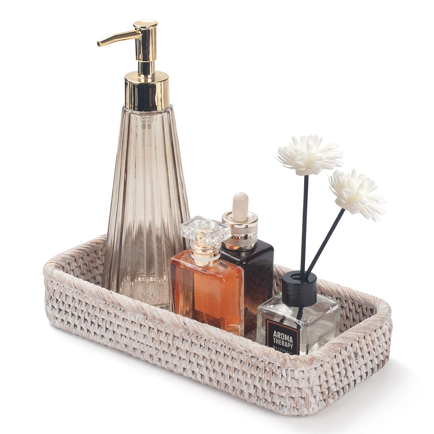 Rattan Bathroom Vanity Tray, Toilet Tank Tray, Toilet Basket Tank Topper, Bathroom Basket for Organizing and Decor (Whitewash, 26 x 12.5 x 4 cm)