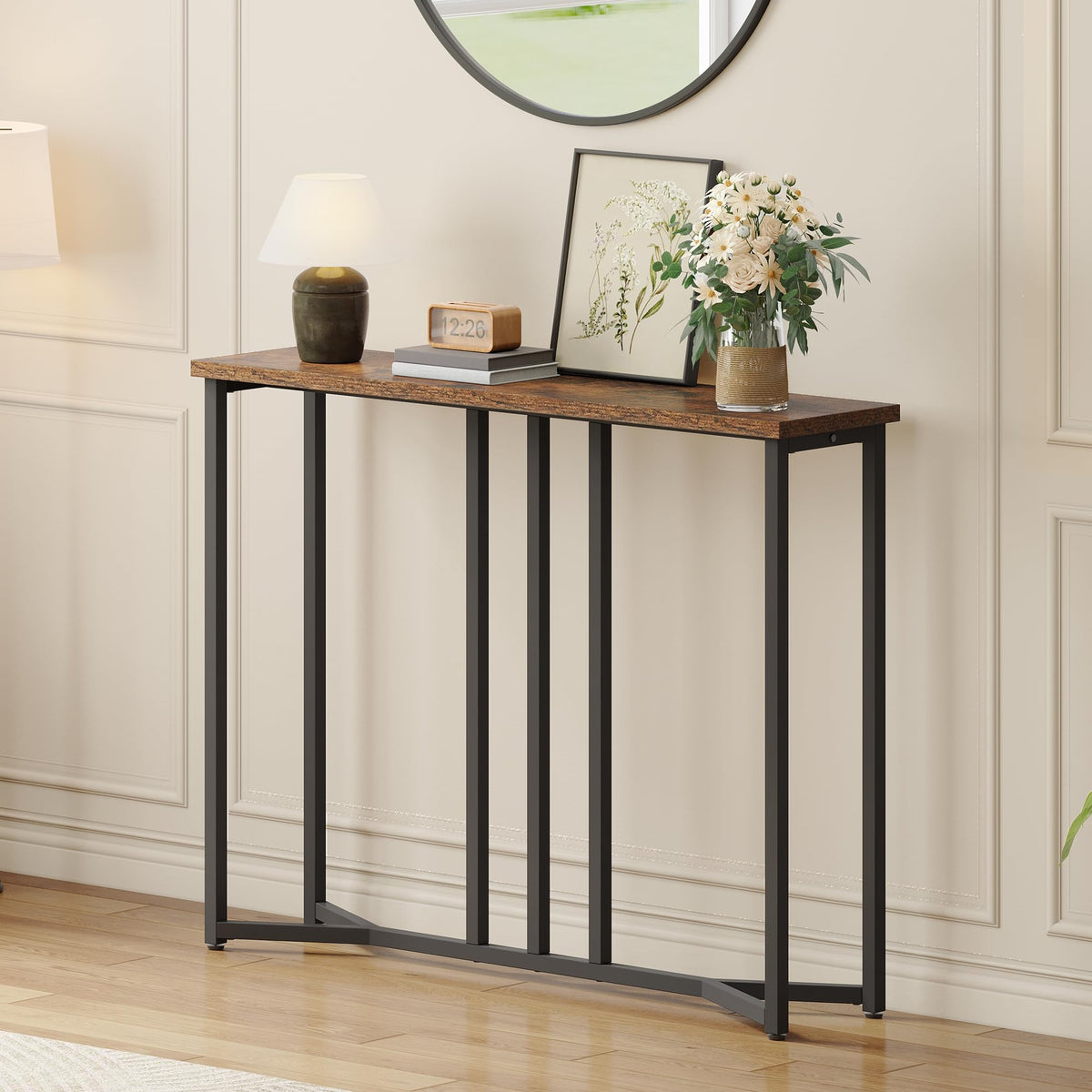 YITAHOME Console Table, 80CM Slim Console Table, Rustic Brown and Black