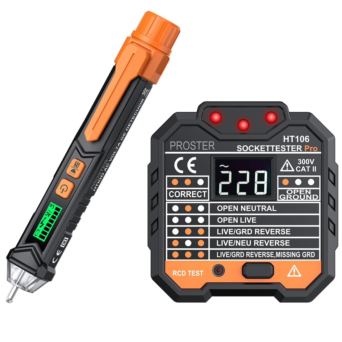 Proster Voltage Tester - Socket Tester Electrical AC Non-Contact Voltage Detector Pen and Plug Socket with Sound and Light Alarm Plug Tester RCD