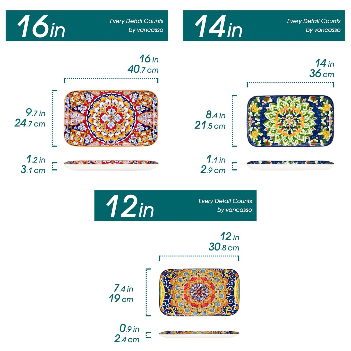 vancasso SIMI02 Serving Platter, 16/14/12 in Large Porcelain Serving Dishes, 3-Piece Rectangle Serving Plates, Easy-Clean Sushi Platters for Party,