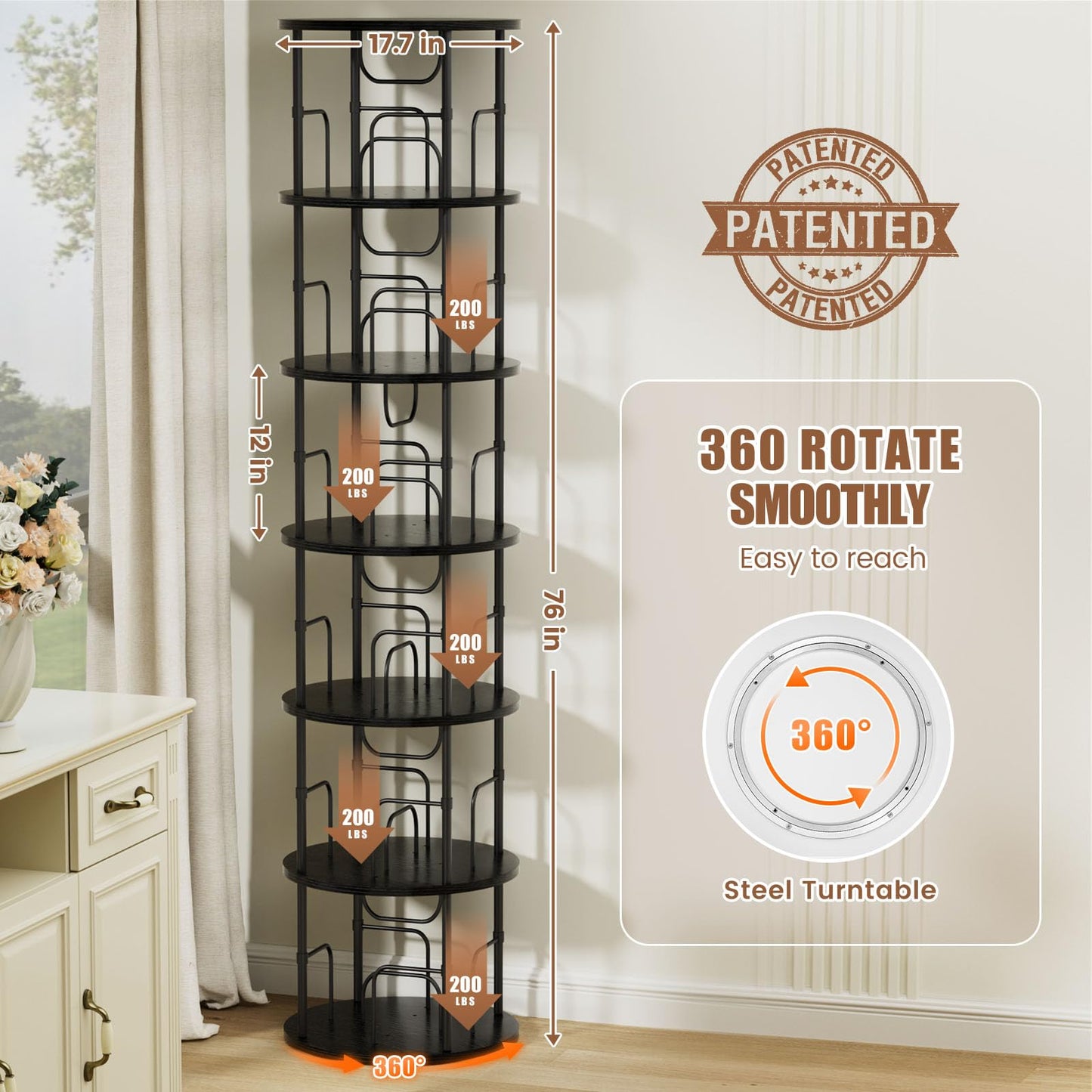OCTORO 6 Tier Rotating Bookshelf, 360° Corner Bookshelf Tower, Round Revolving Bookcase with Adjustable Levels, Spinning Book Shelf for Home Office