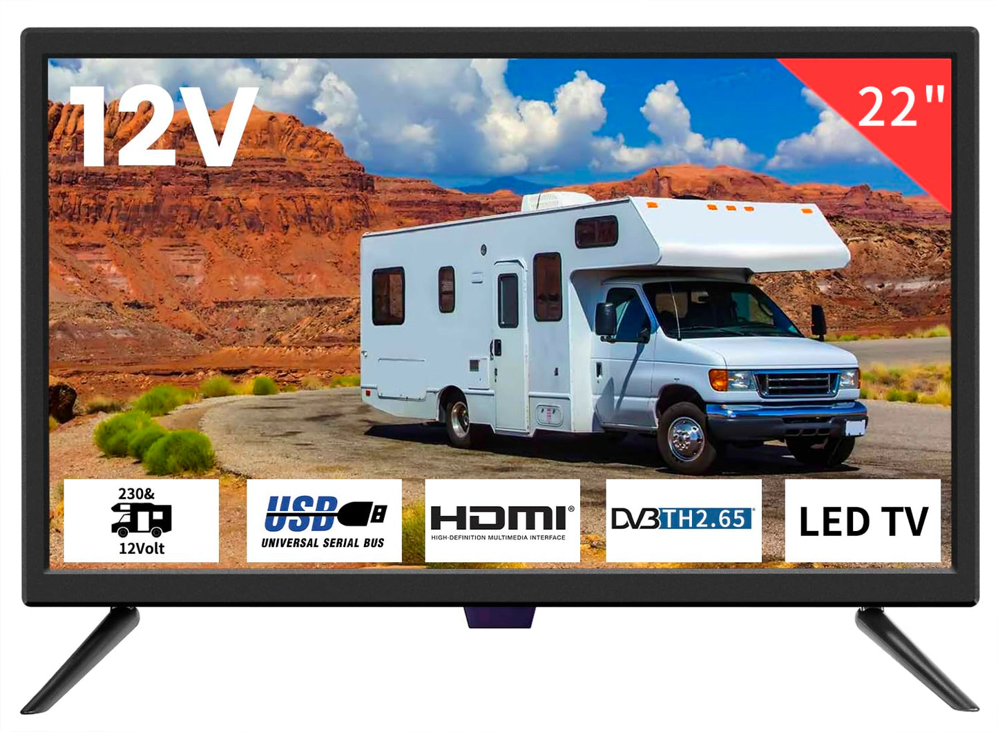 ZOSHING TV 22 inch HD 1080P Screen, Small Television with Freeview Receiver, 12 volt TV Built Digital T2 Tuner,USB, HDMI/RCA/VGA inputs,Suitable for