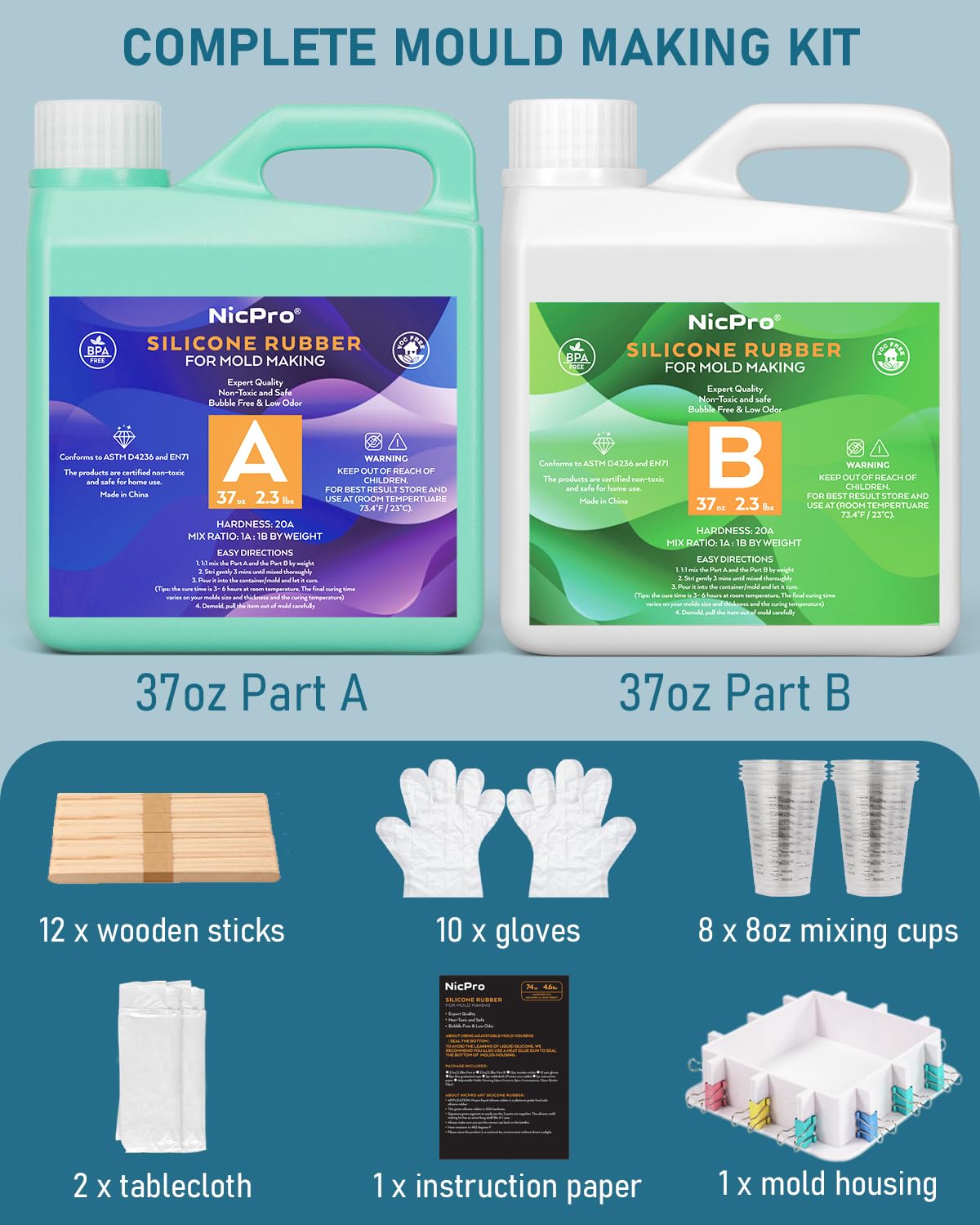 Nicpro 74oz/2188ml Silicone Mold Making Kit, Premium Platinum Liquid Silicone Rubber for Safe and Flexible Casting, Vibrant Jade Green Color, and