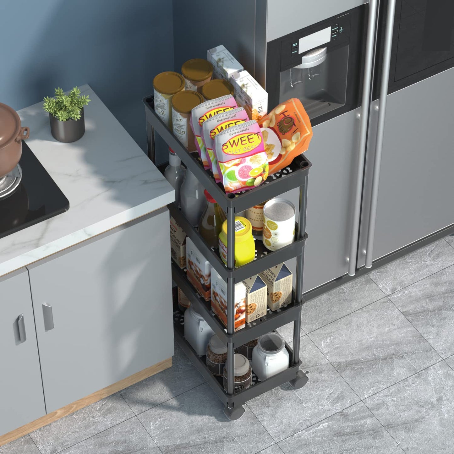 Sooyee 4 Tier Wide Storage Cart Mobile Shelving Unit Organizer Slide Out Storage Rolling Utility Cart Tower Rack for Kitchen Bathroom Laundry