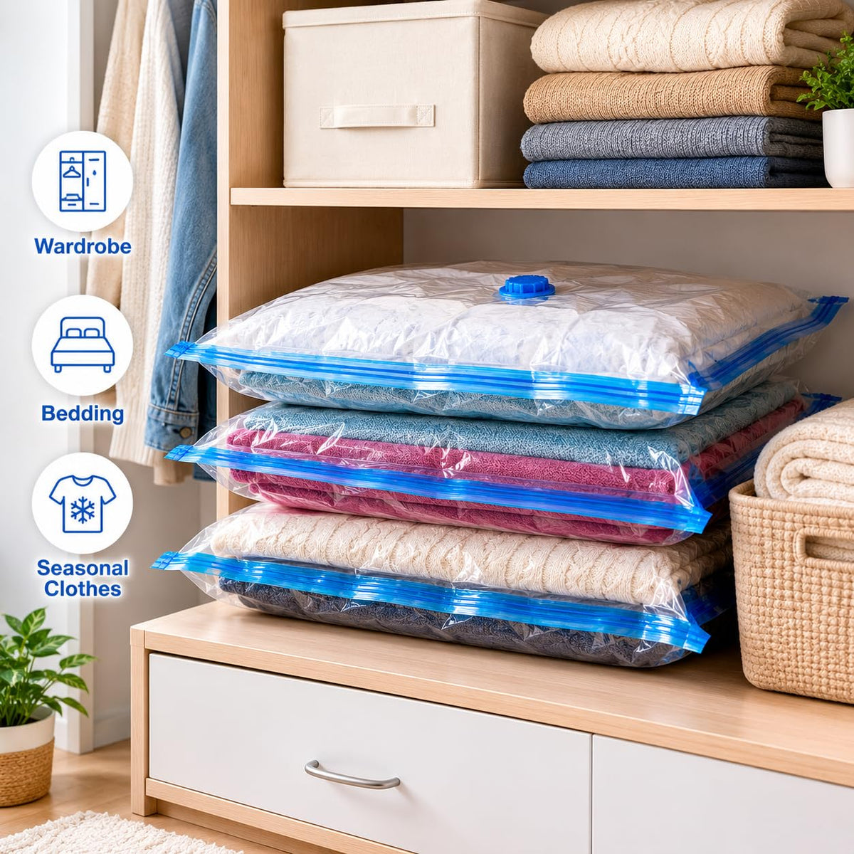 1ABOVE Pack of 6 Vacuum Compressed Storage Bags, Mould Moisture and Bug Proof, Double Zip High Sealing Triple Air Leak Patent Valve for Maximum