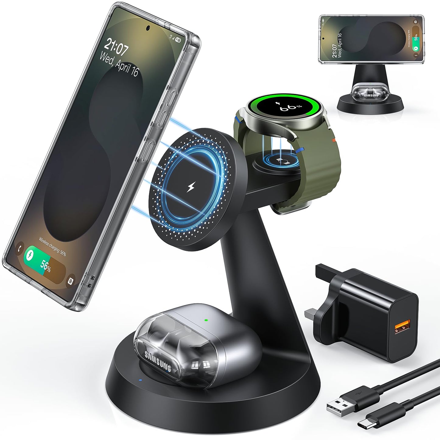 Magnetic Wireless Charger for Samsung, 3 in 1 Charging Station Compatible with MagSafe Samsung Charger for Galaxy S25 Ultra S24 Z Fold6/Flip6, Watch