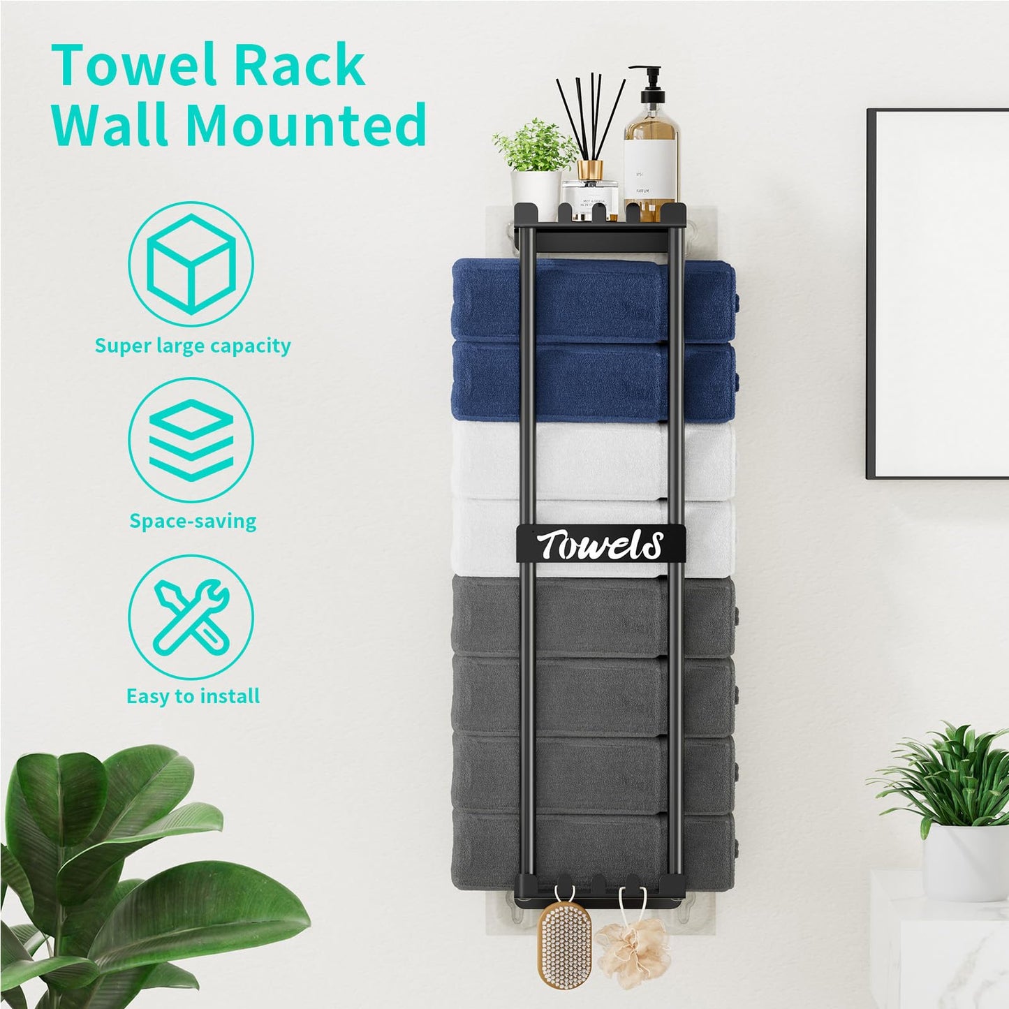 HapiRm Towel Rack Wall Mounted - 6 Hooks with Top Shelf,No Drilling