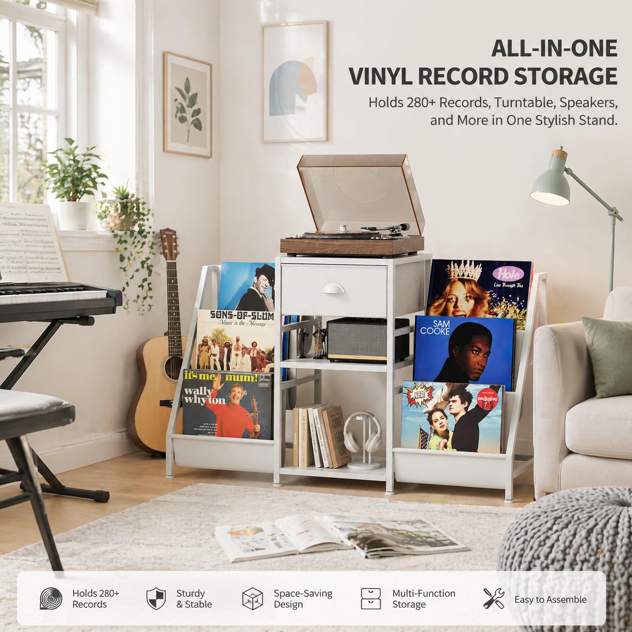 CAIYUN Record Player Stand Storage with 3-Tier and Fabric Drawer, Turntable Table Holds Up to 280 Albums, Bookshelf & CD Rack for Living Room