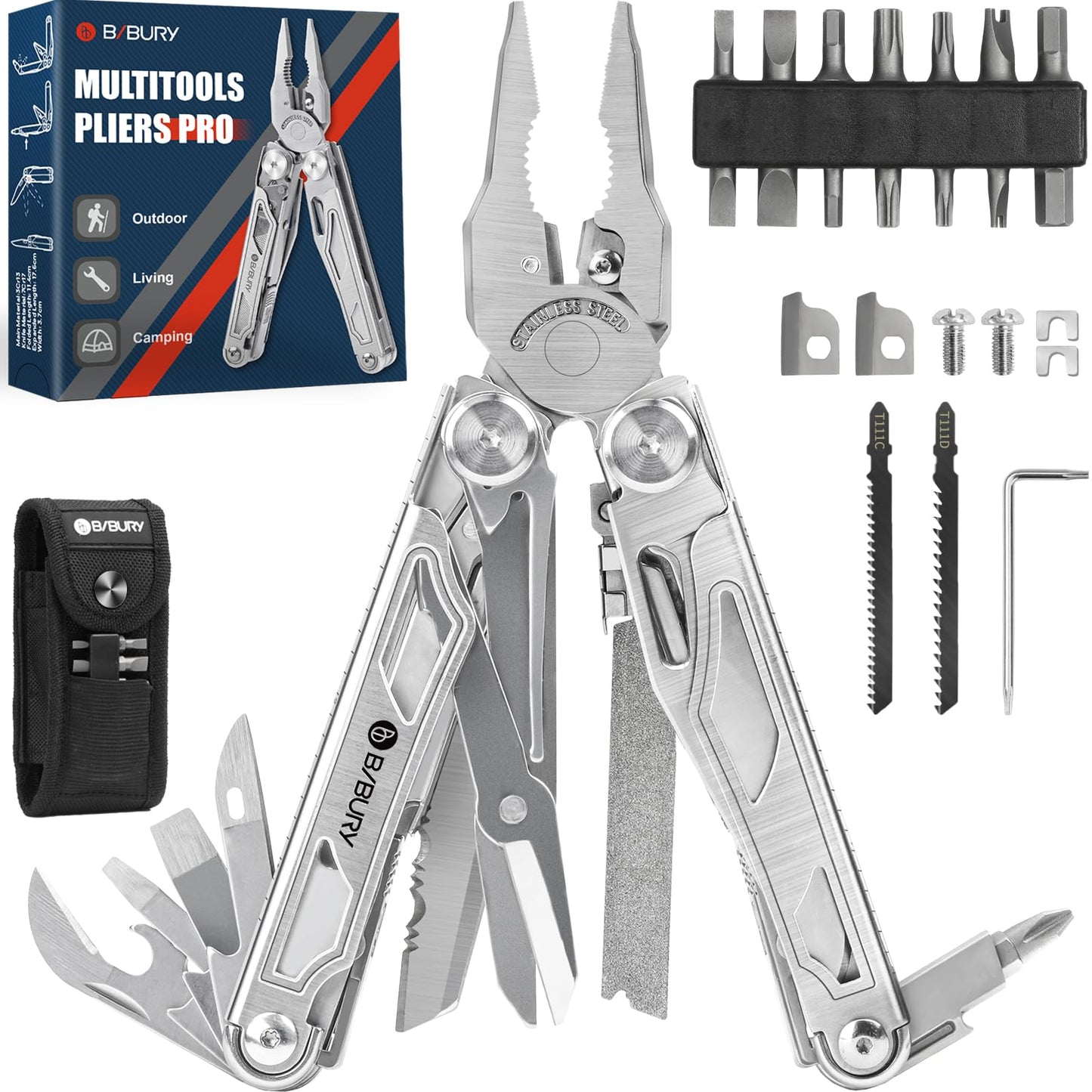 BIBURY Multitools, Multi Tool Foldable Pliers with Upgraded Scissors and Screwdriver Set, Stainless Steel Multitools with Nylon Pouch, Ideal for
