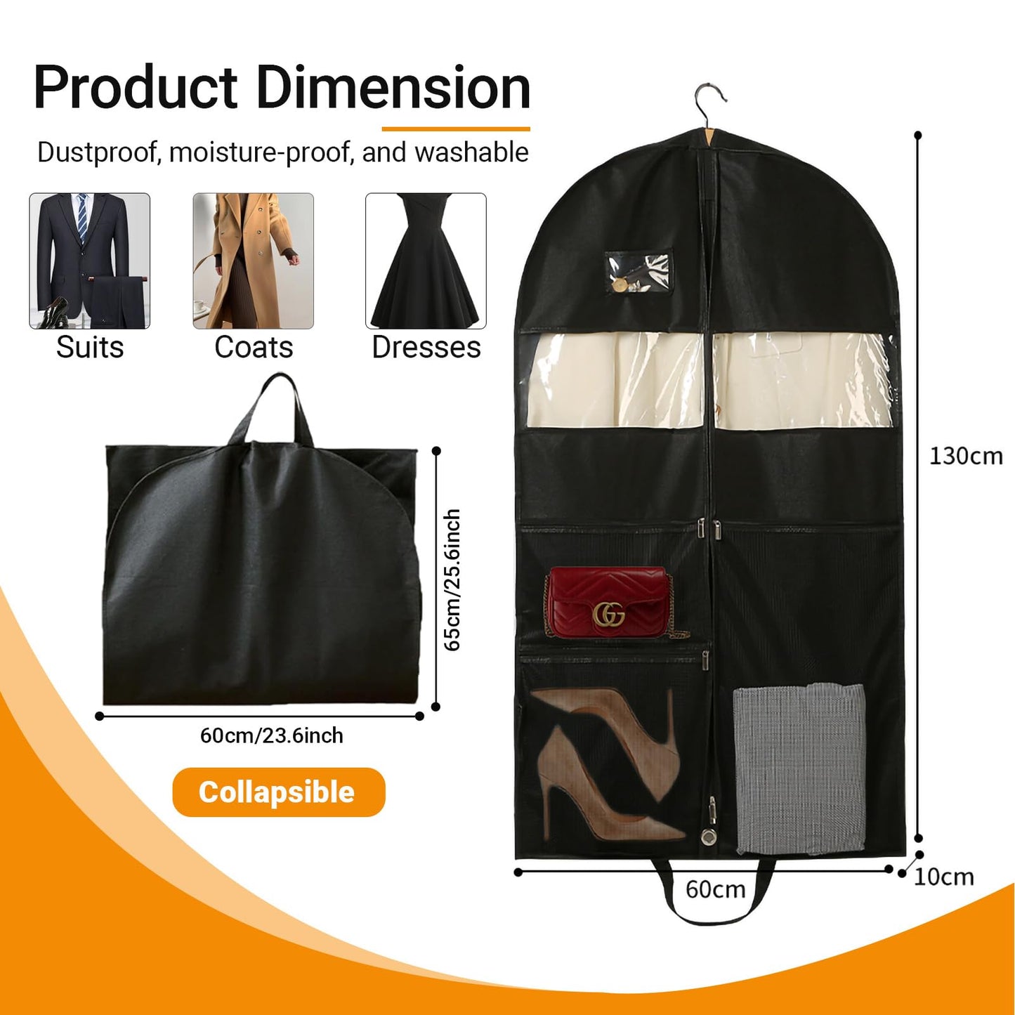 3 Pack Suit Bags, 51"Travel Garment Bags, Wrinkle-Free Suit Bag for Men Women, Foldable Dress Cover with 2 Handles for Wardrobes, Blazers, Dresses