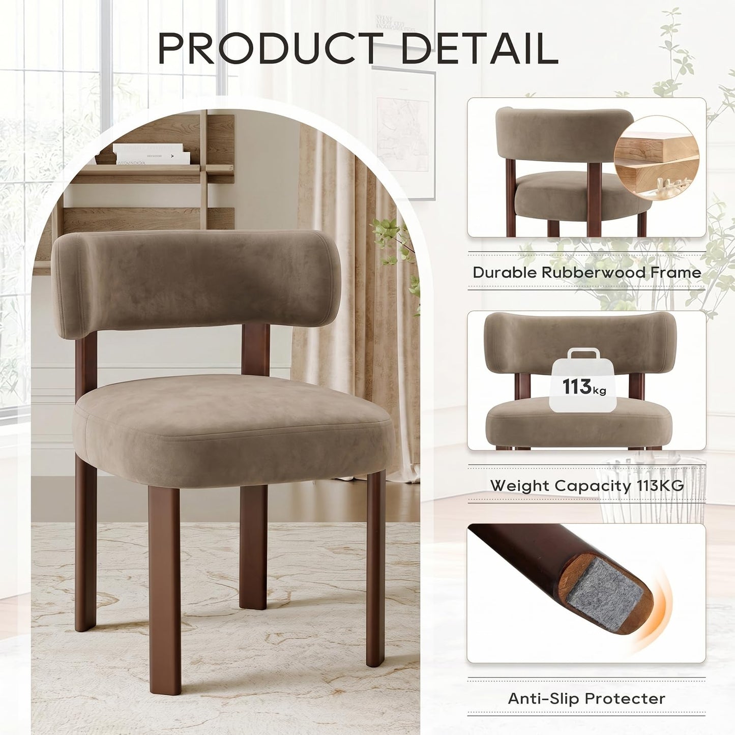 COLAMY Wooden Dining Chairs Set of 6, Velvet Fabric Chairs for Dining Room with Open Curved Backrest and Thick Seat Cushion