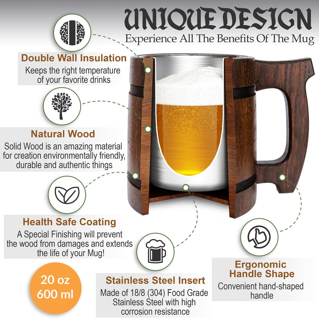 Teslyar Viking Beer Mug Tankard for Men - 0.6 liters 20 Ounces Handmade Oak Wood Stainless Steel Cup Authentic Design Xmas Gift | Birthday Gift|Gifts