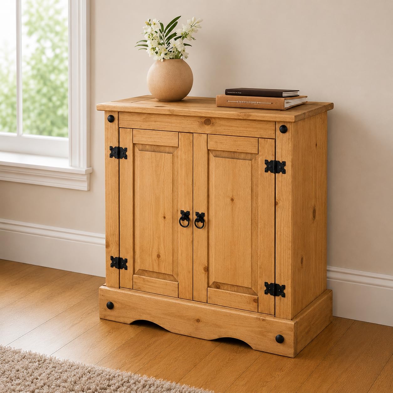 Corona Sideboard Cupboard 2 Door Solid Pine Wood with Wax Finish Mexican Style Black Metal Hardware Internal Shelf