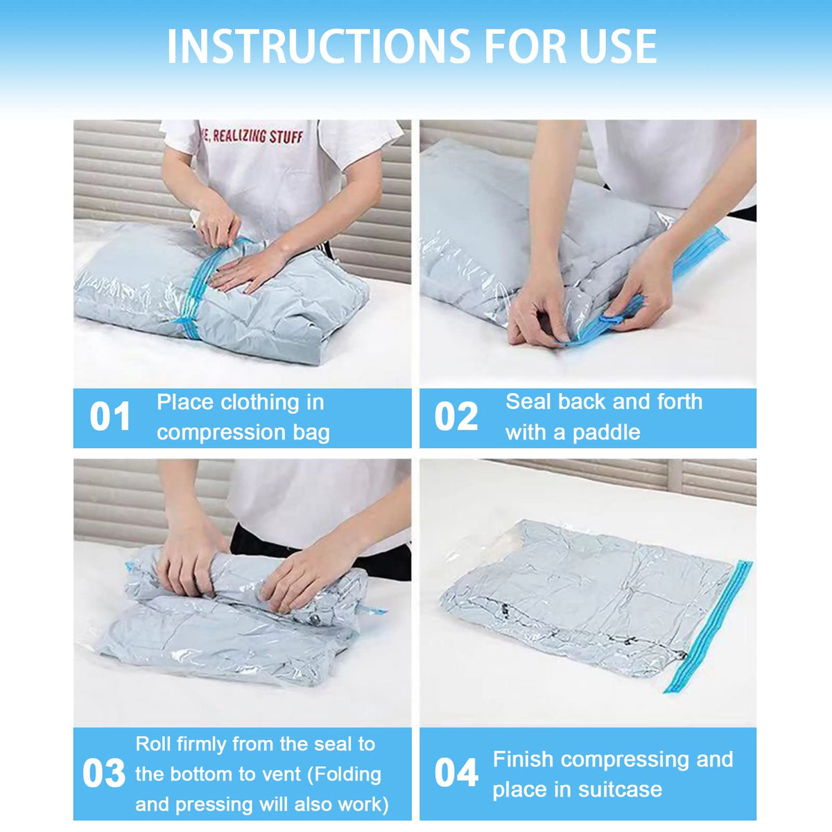 KEYRI 6 PCS Travel Roll Up Storage Bags - Vacuum Compression Bags for Suitcases, Bedding - No Pump Needed - 60 x 40 cm (6 Pieces)