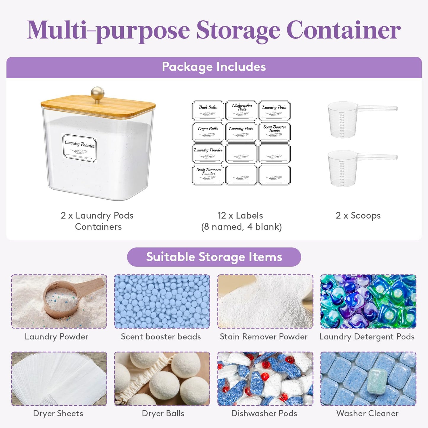 Lifewit Laundry Pods Container with Label Sticker& Scoop, 2L, 2 Pcs