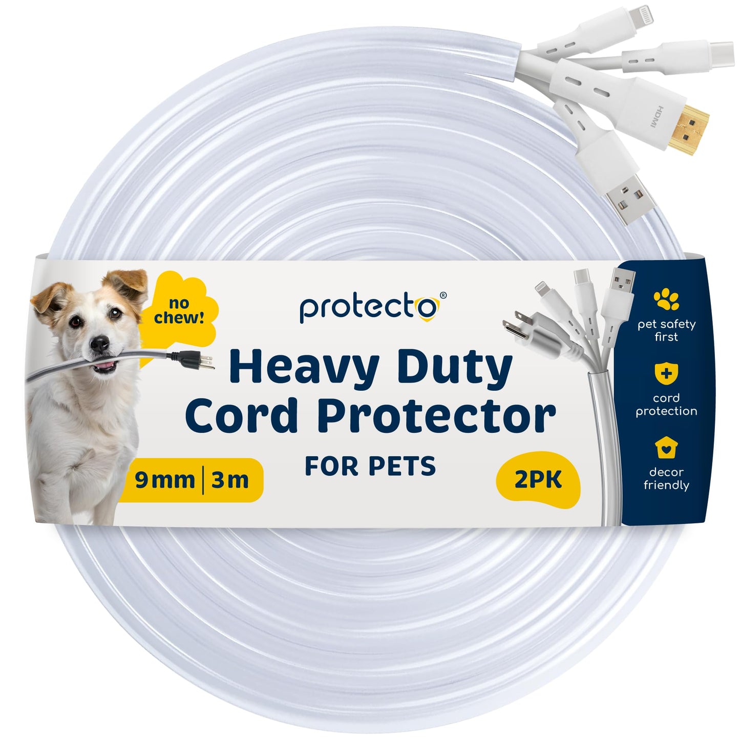 PROTECTO 2-Pack Wire Protector from Pets, Clear Cable Sleeve Animal Proof, 3m Odor-Free Cat & Dog Chew Resistant Floor Cable Cover, Plastic Cord