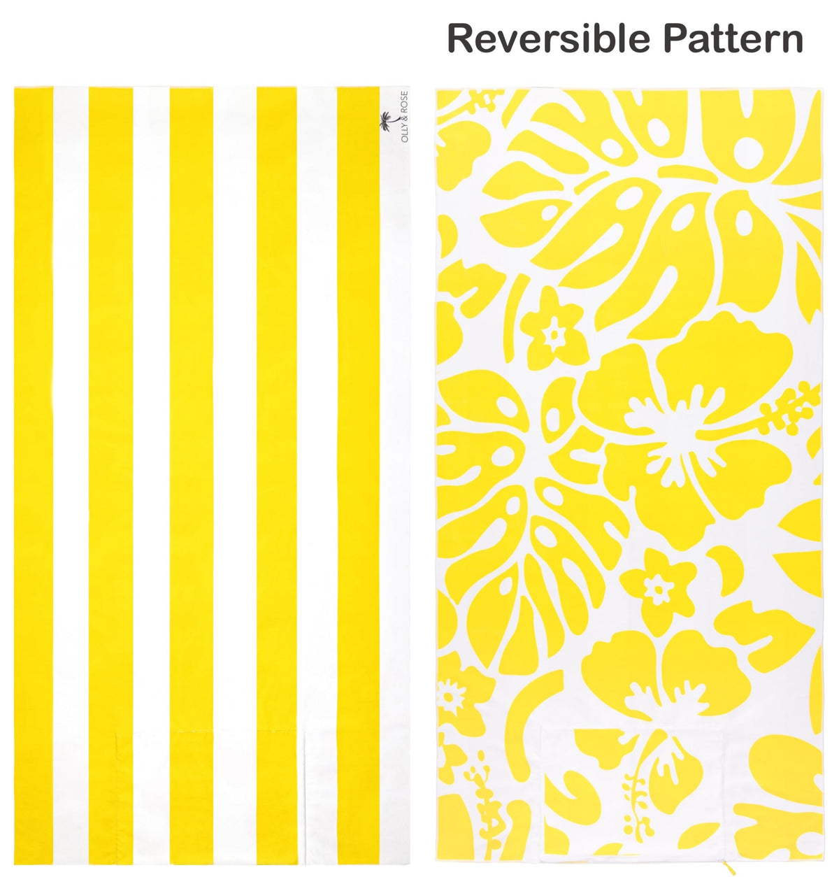 Olly & Rose Luxury Microfibre Extra Large Beach Towel with Zip Pocket and Inflatable Pillow and Reversible Pattern 100 x 200cm Yellow