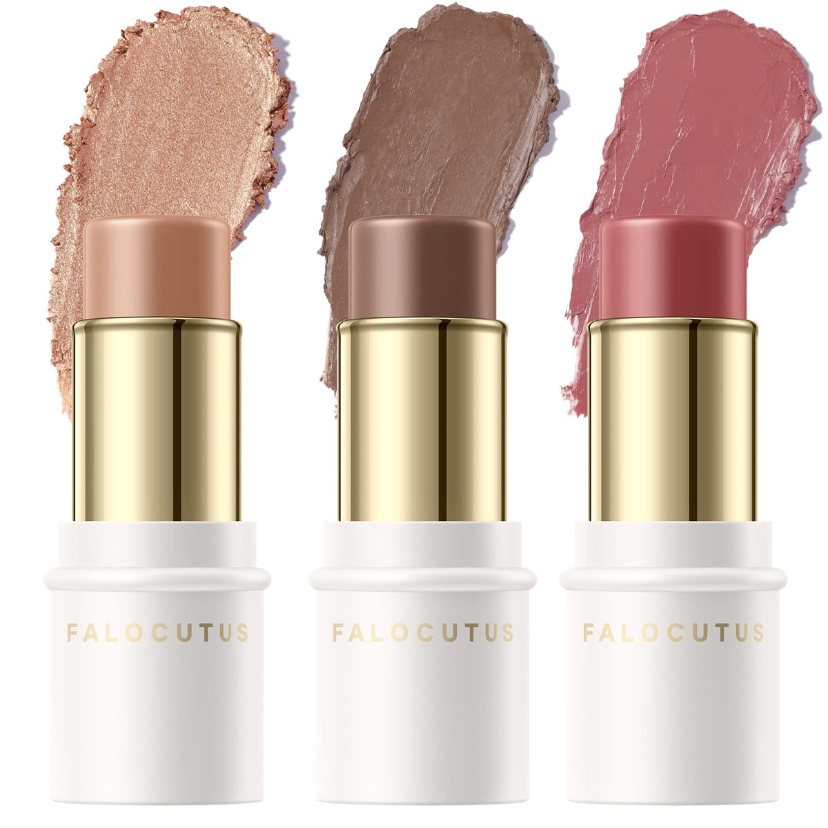 FALOCUTUS 3 Pcs MEDIUM-DEEP Contour Stick Set,Cream Blush & Highlighter Bronzer Pen,Long Lasting & Smooth Natural Face Contouring