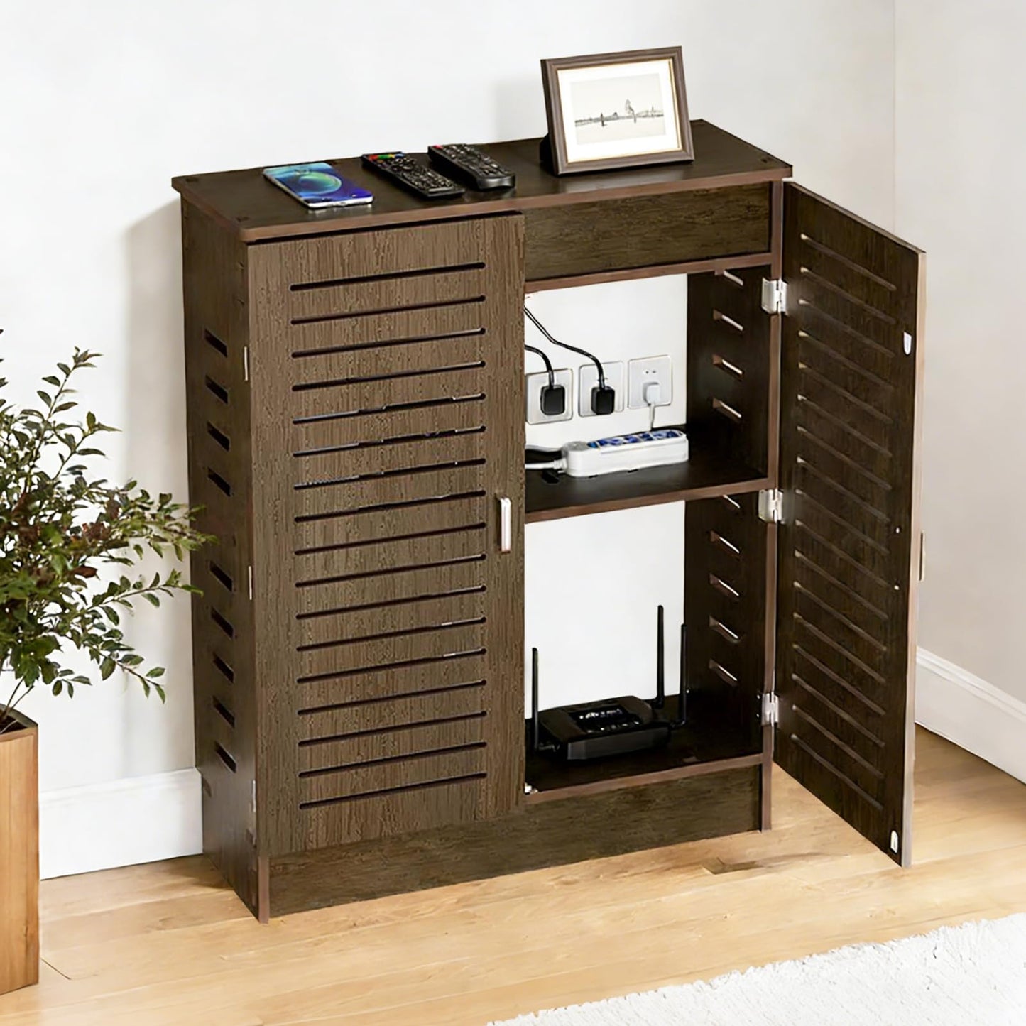 WiFi Router Storage Cabinet, Floor Standing WiFi Router Storage Box,Walnut