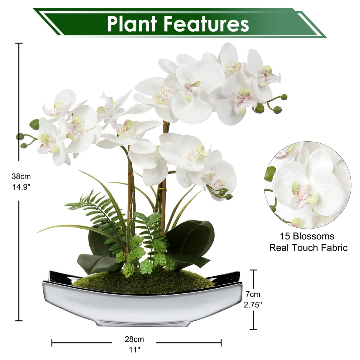 Briful 15" Artificial Phalaenopsis Flowers Arrangement Artificial Orchid Bonsai in Silver Pot Fake Flowers Silk Orchid Flower for Table Centerpieces