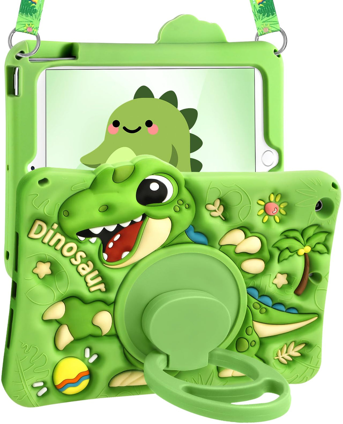 Kokaade for iPad 9th/8th/7th Generation 10.2 Inch Case (2021/2020/2019) - Cute Cartoon Green Dinosaur with Shoulder Strap & Rotating Stand for Boys