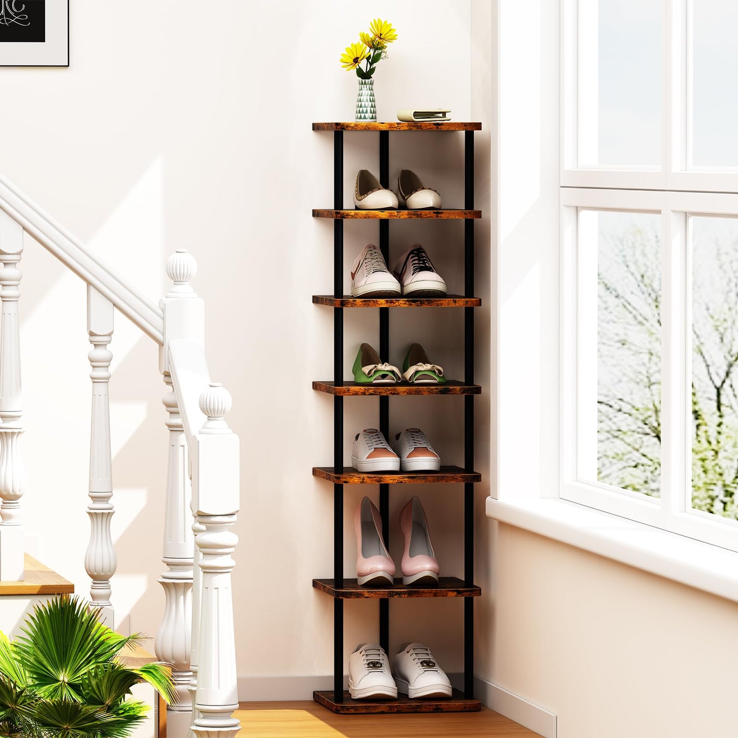 Huhote Shoe Rack Organizer, Shoe Stand, 7 Tier Narrow ShoeShelf, Metal ShoeTower, ShoeRack for Closet, Hallway, Entryway, Front Door, Small Spaces