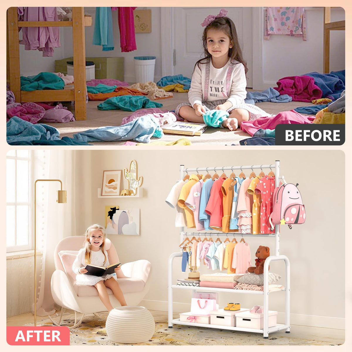 Kids Clothing Rail, Adjustable Toddler Dress Up Storage Rack, White