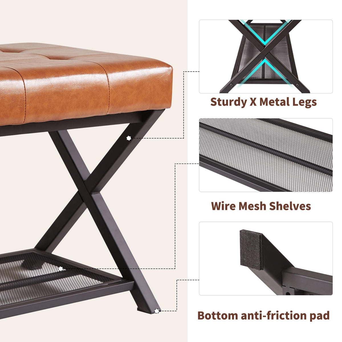 Aibiju Shoe bench with Seat, 44.5” End of Bed Storage Bench with Wire Mesh Shelves, PU Leather Tufted Upholstered Storage Ottoman Bench for Bedroom
