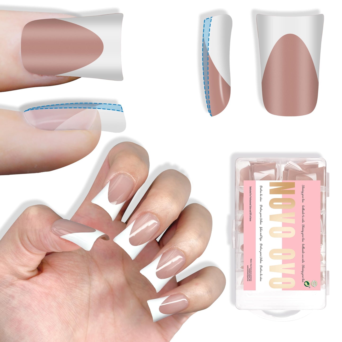 NOVO OVO Short Duck Nail Tips French Tip Press On BROWN PINK, Pre-designed Soft Gel Nail Extension, Need Buider Gel Top Coat, No Glue included, Full