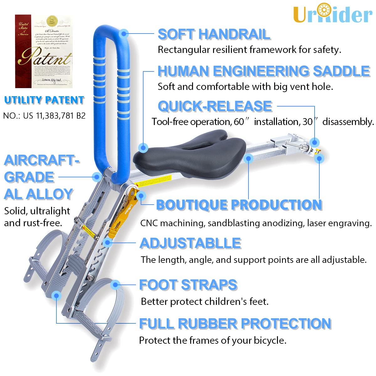 UrRider Child Bike Seat, Front Mount Kids Bike Seat,Fit Mountain Bikes, Cruiser Bikes, Folding Bikes, Ultra Light,Portable, Tool-Free,