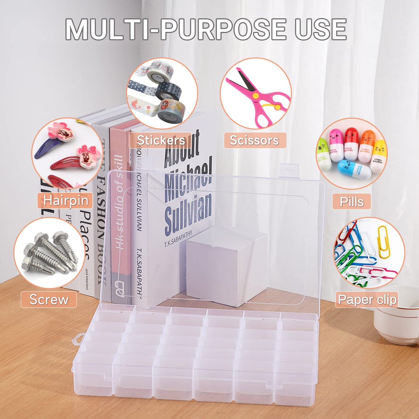 FFowcye 2 Pack 36 Grids Plastic Bead Storage Box with Adjustable Dividers, Clear Small Parts Organiser for Jewellery, Sewing, Screws, Lego