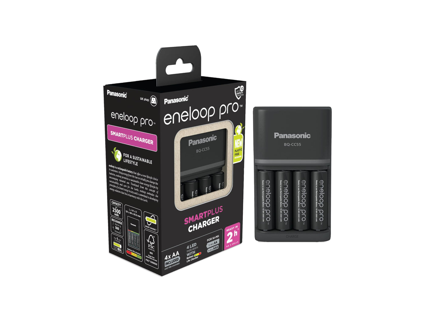eneloop pro SmartPlus Charger, for 1-4 AA/AAA Rechargeable Batteries, 2h Charging Time, 10 Safety Features, 4 eneloop pro AA batteries included (2500