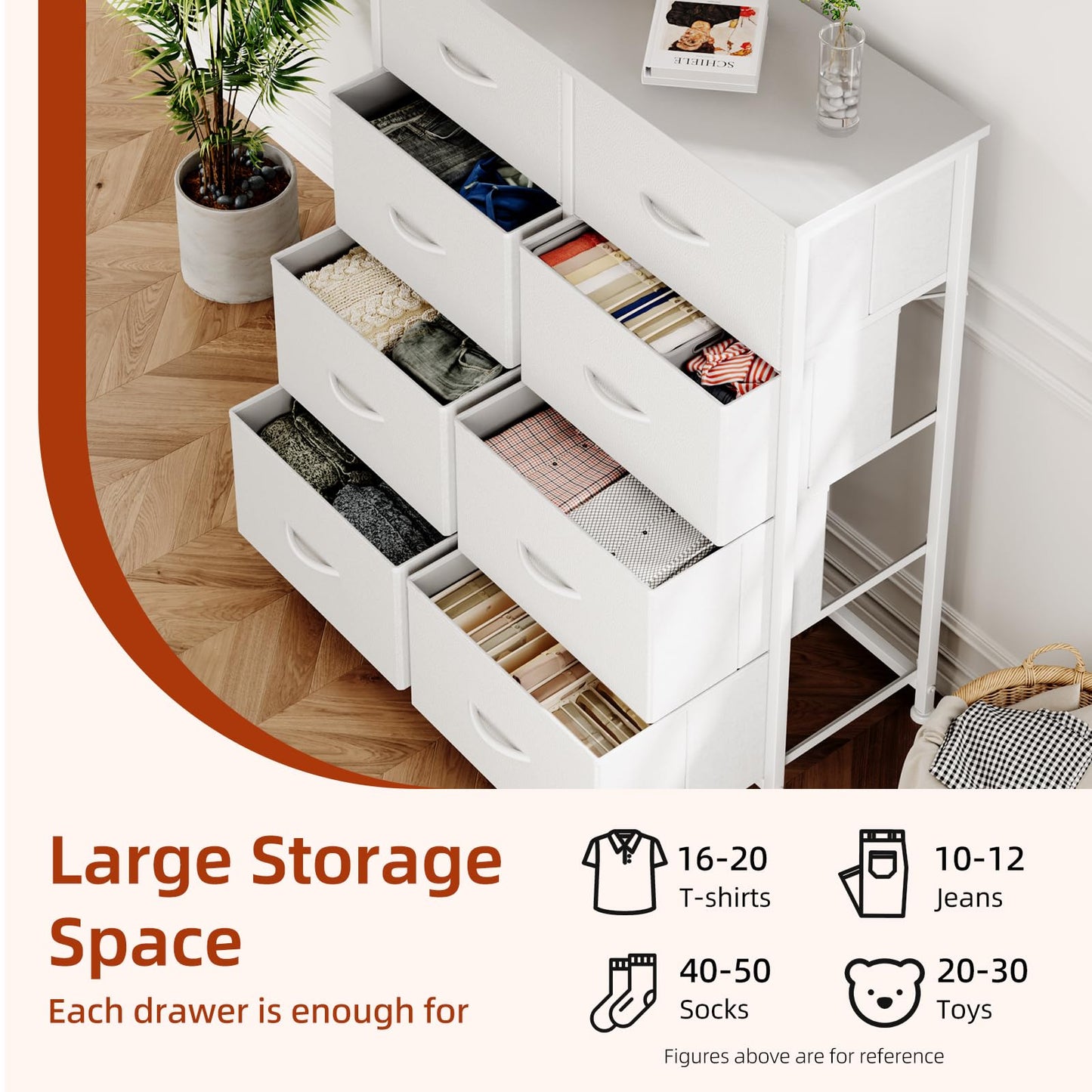 CAIYUN 8 Drawer Dresser, Tall Fabric Chest of Drawers with Wooden Top & Sturdy Metal Frame, Vertical Storage Cabinet for Bedroom, Closet, Nursery