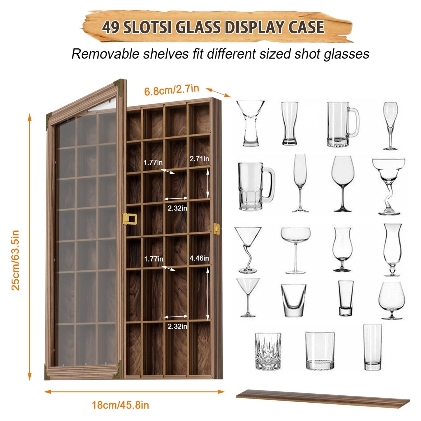 ybaymy Shot Glass Display Case 49 Shot Glass Holder with Removable Shelve Wall Mounted Shadow Box Lockable with UV Protection Acrylic Glasses Door