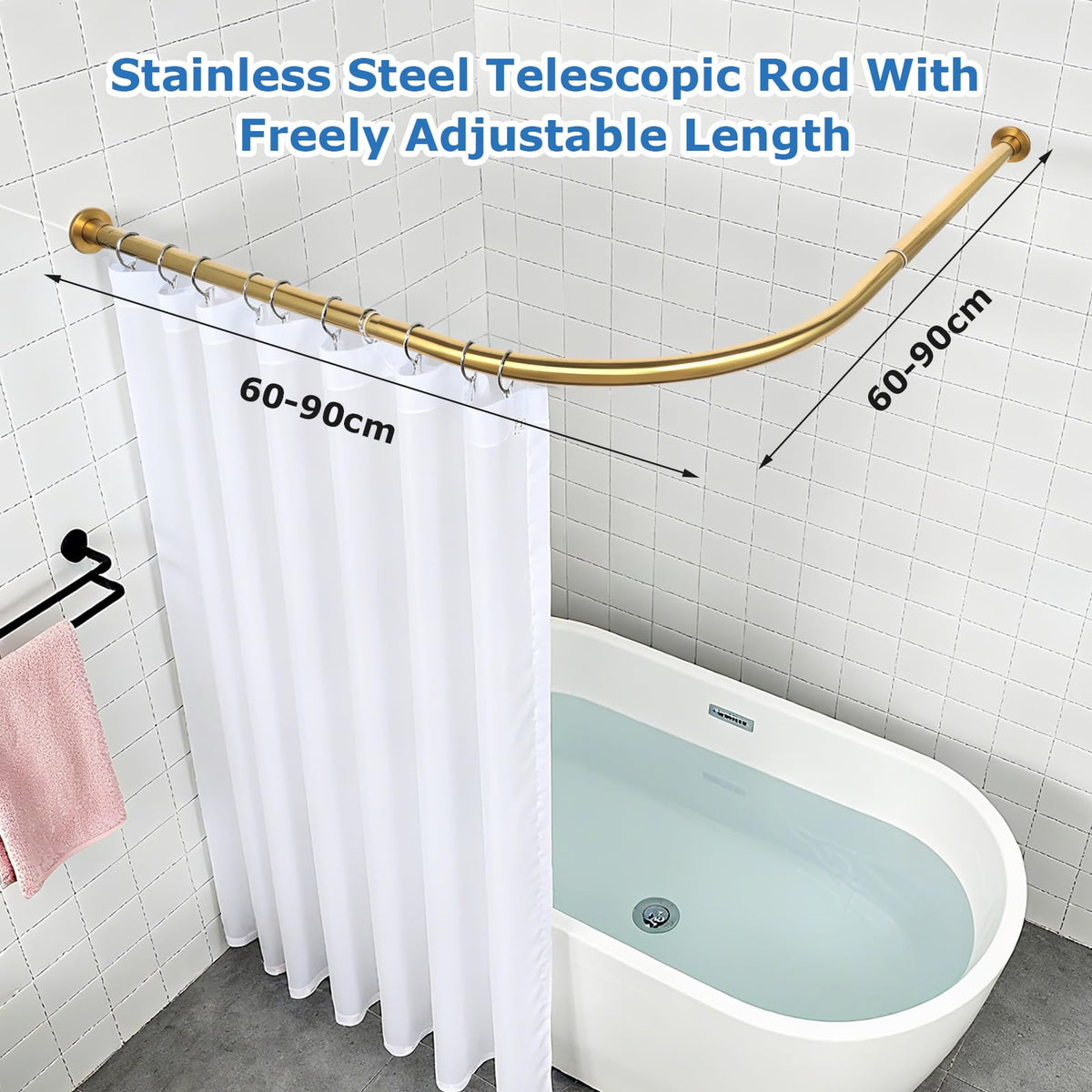 Minicoco Shower Curtain Rail for Bathtubs, L-Shaped Shower Curtain Pole in three varations 68x98cm / 68x98 cm, Wall Mounted Shower Pole