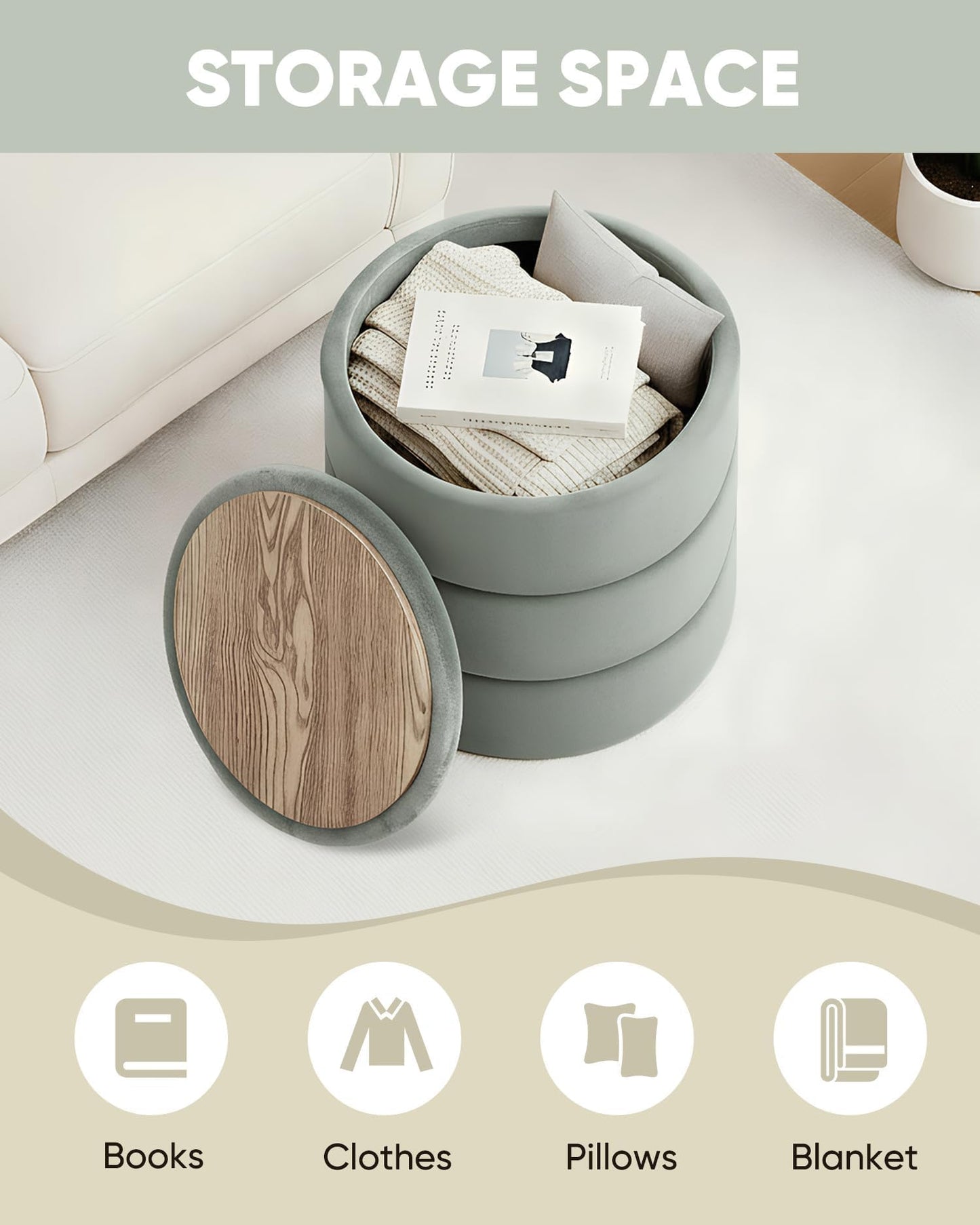 Bonlife Storage Ottoman Round - Folding Foot Rest with Hidden Storage, Sage Velvet 39x39x37cm for Living Room, Bedroom & Hallway