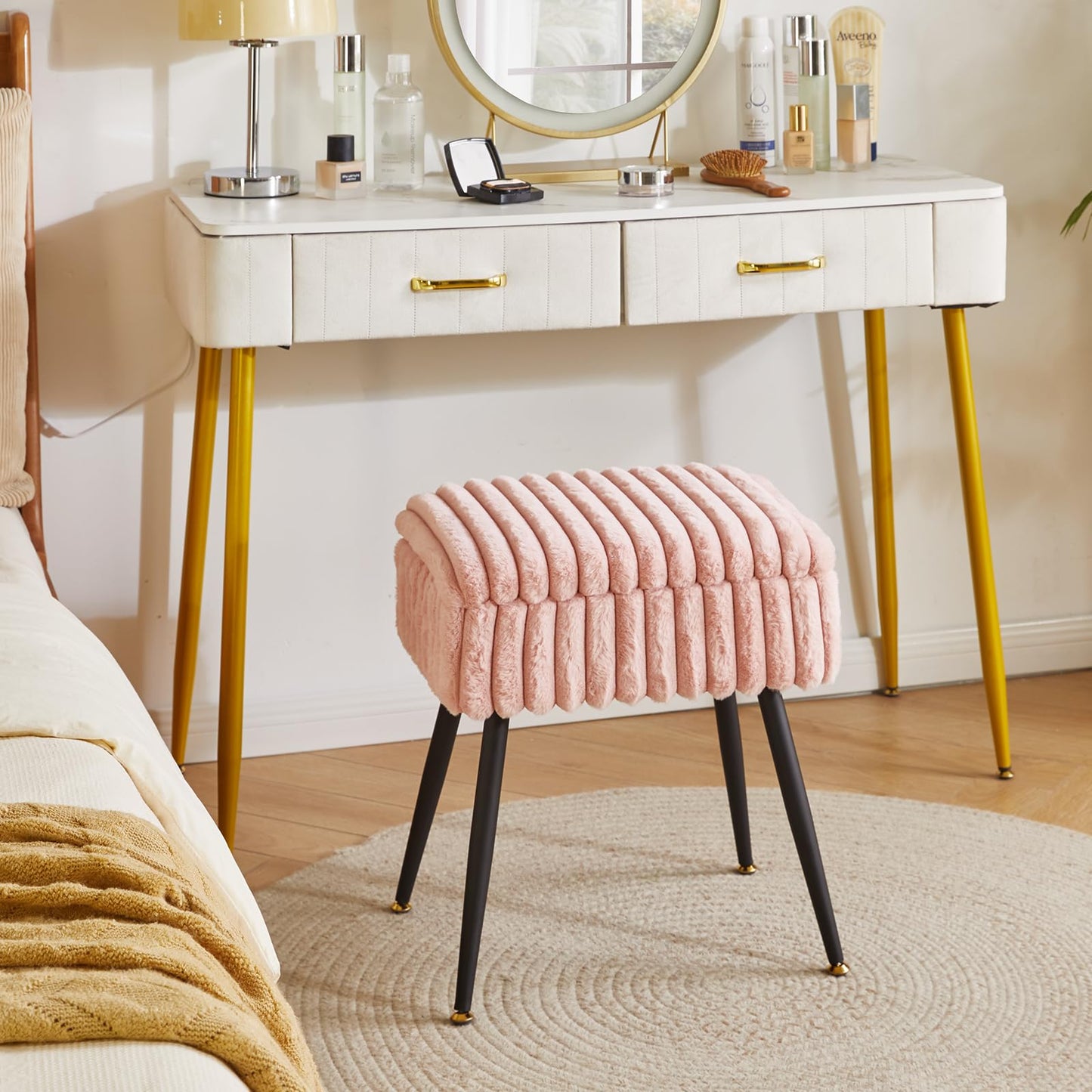 Aibiju Rectangle Dressing Table Stool with Storage Footstool Velvet Ottoman Makeup Chair with 4 Metal Legs for Home Living Room Bedroom Pink YD-MS151P