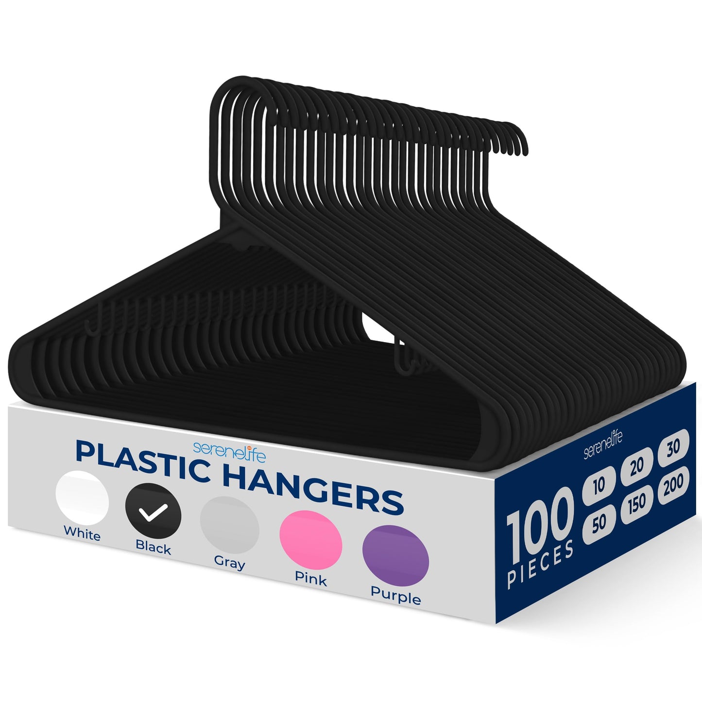 SereneLife Plastic Hangers 100 pcs, Non-Slip Heavy Duty Clothes Hanger Set with 360° Swivel Hook, Smooth Finish to Protect Fabric, Lightweight