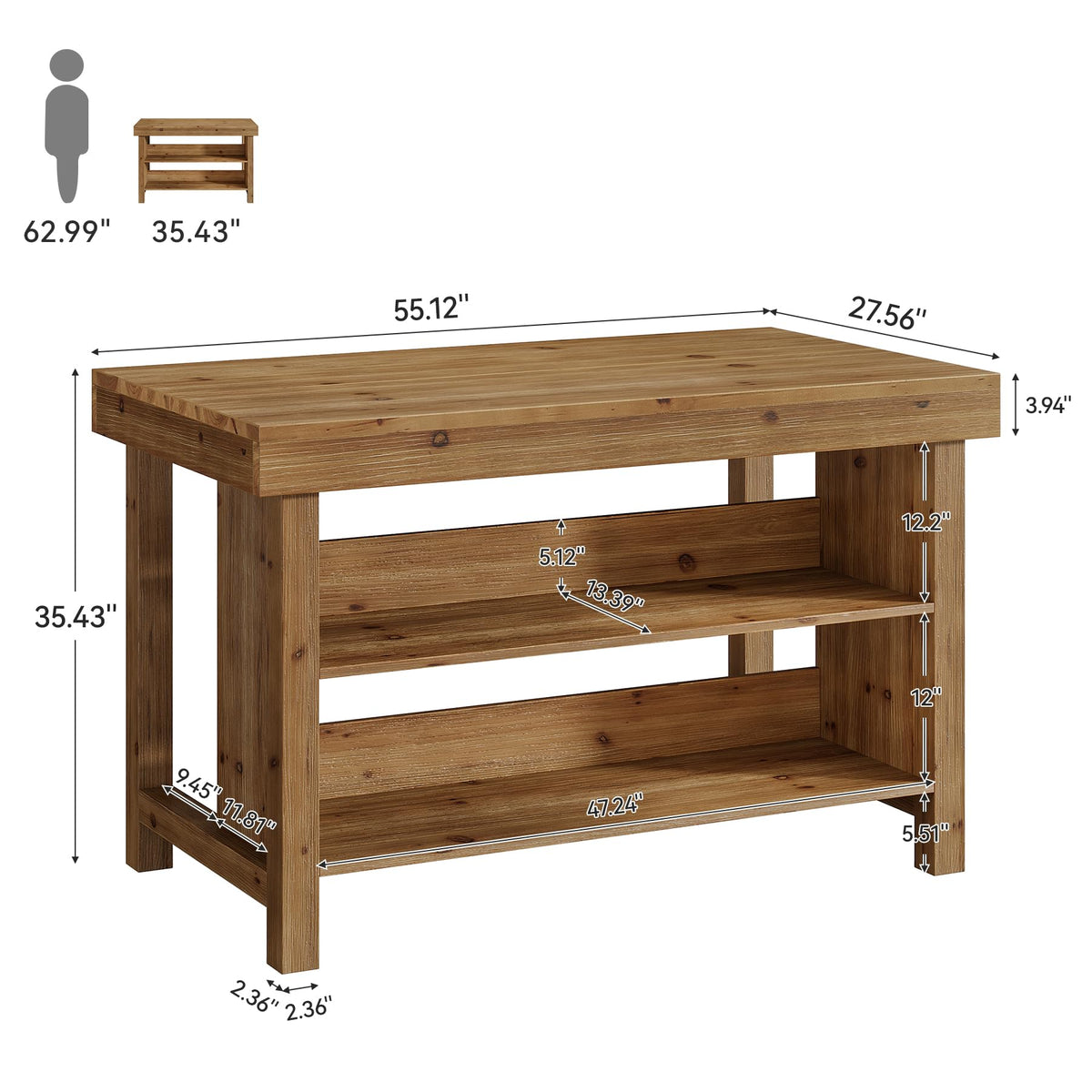 TRIBEWOOD 55" Solid Wood Bar Table, 3-Tier Farmhouse Home Bar Unit with Open Storage, Counter Height Pub Dining Table for Kitchen, Living Room, Brown