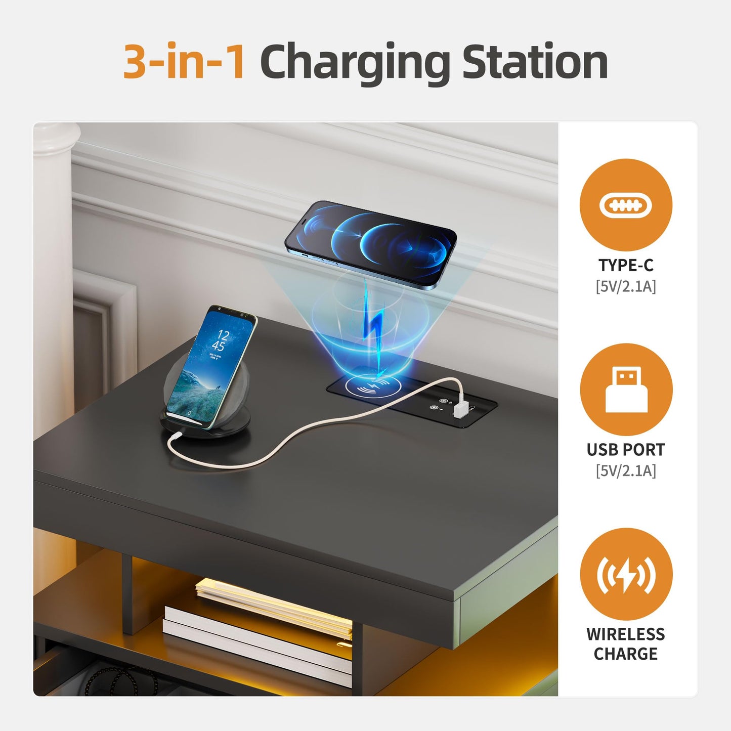 Gurexl LED Bedside Table with Gun Drawer, Charging Bedside Table with USB & Type-C Port, Human Sensor Light