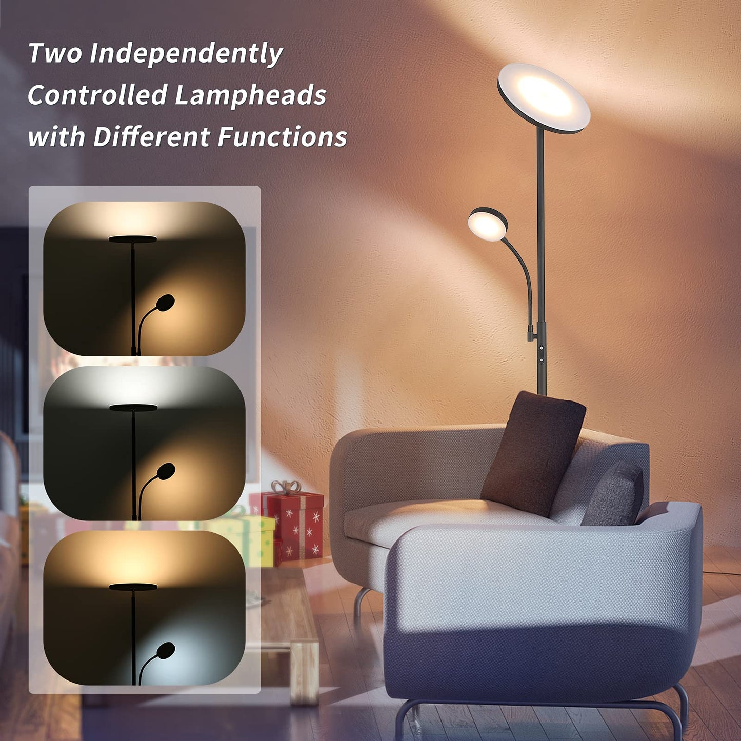Tomshine Led Uplighter Floor Lamps Dimmable Rotatable 2 Lights for Living Room with Remote 4 Color Temperatures Standing Lamp 27W Main 7W Side Reading