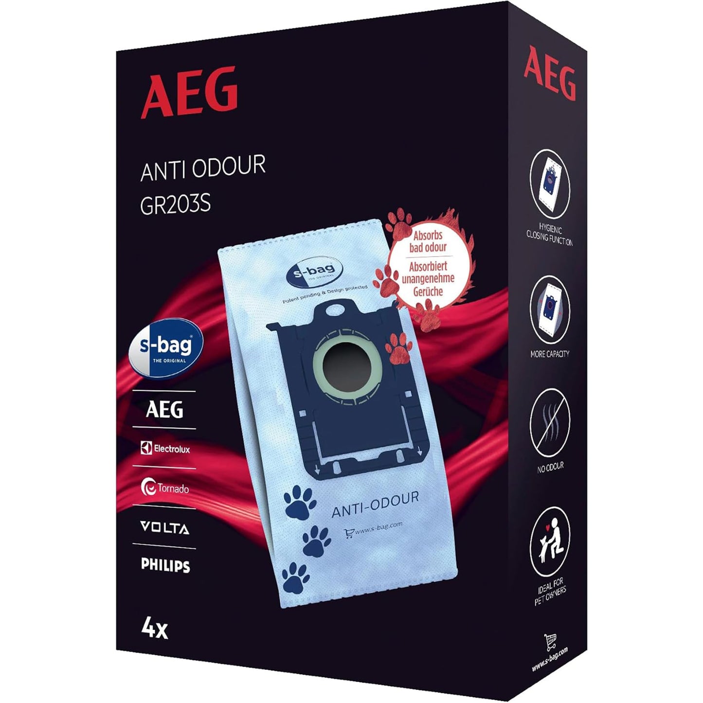 AEG GR203S - s-bag Anti-Odour Synthetic Vacuum Cleaner Bags, 4 Pack, Neutralises Pet Odours, Hygienic Seal for Clean Disposal, Long-Lasting Suction