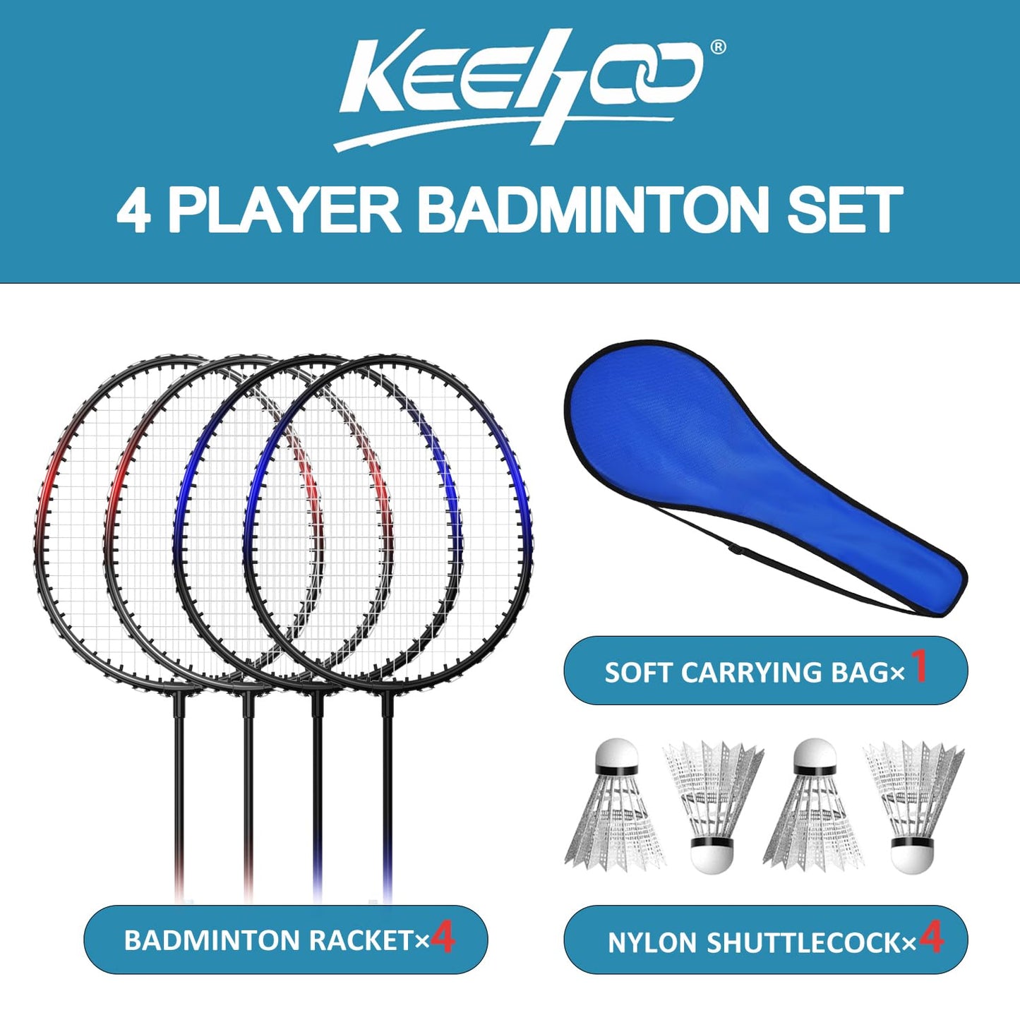Keehoo Badminton Rackets Set of 2/4 for Adults Kids Family Garden Sports,Beach Camp Games,Including Racquets,Shuttlecocks & Carry Bag