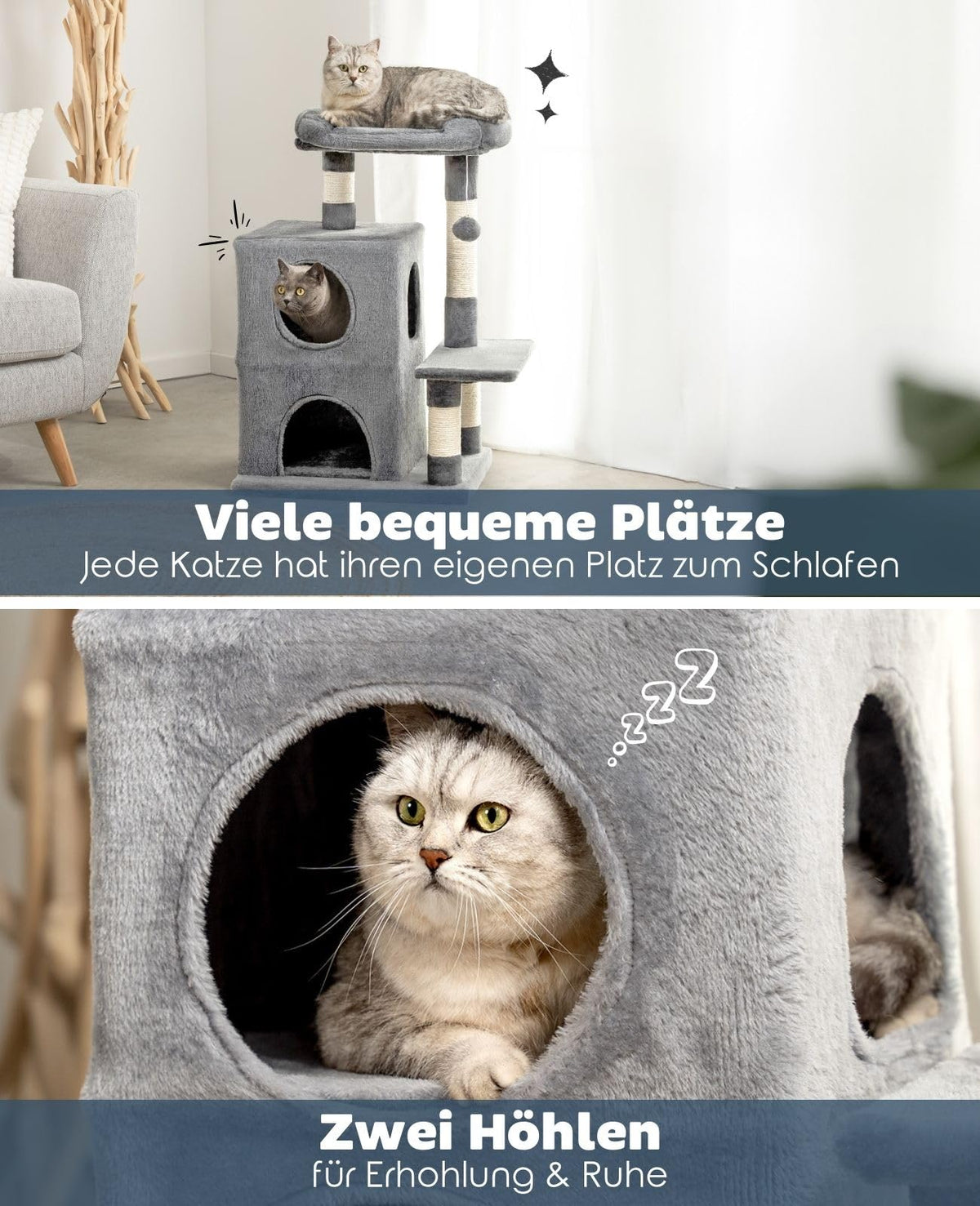 lionto Scratching tree for cats with 2 caves & cozy lying area, height 80 cm, cat tree with plush ball incl. bell, with sisal rope & plush, suitable