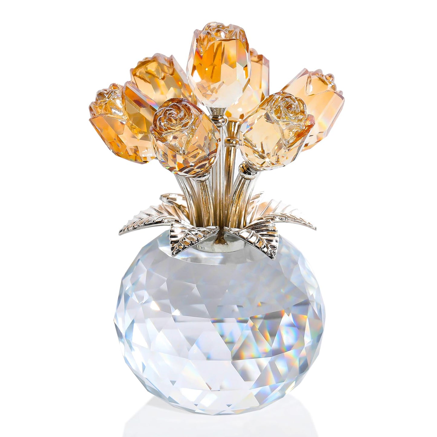 Ornalrist Crystal Gold Roses Flower Figurine with Vase, Glass Roses Bouquet Floral Collectible Gifts for Women Mum on Valentine's Day Golden Wedding