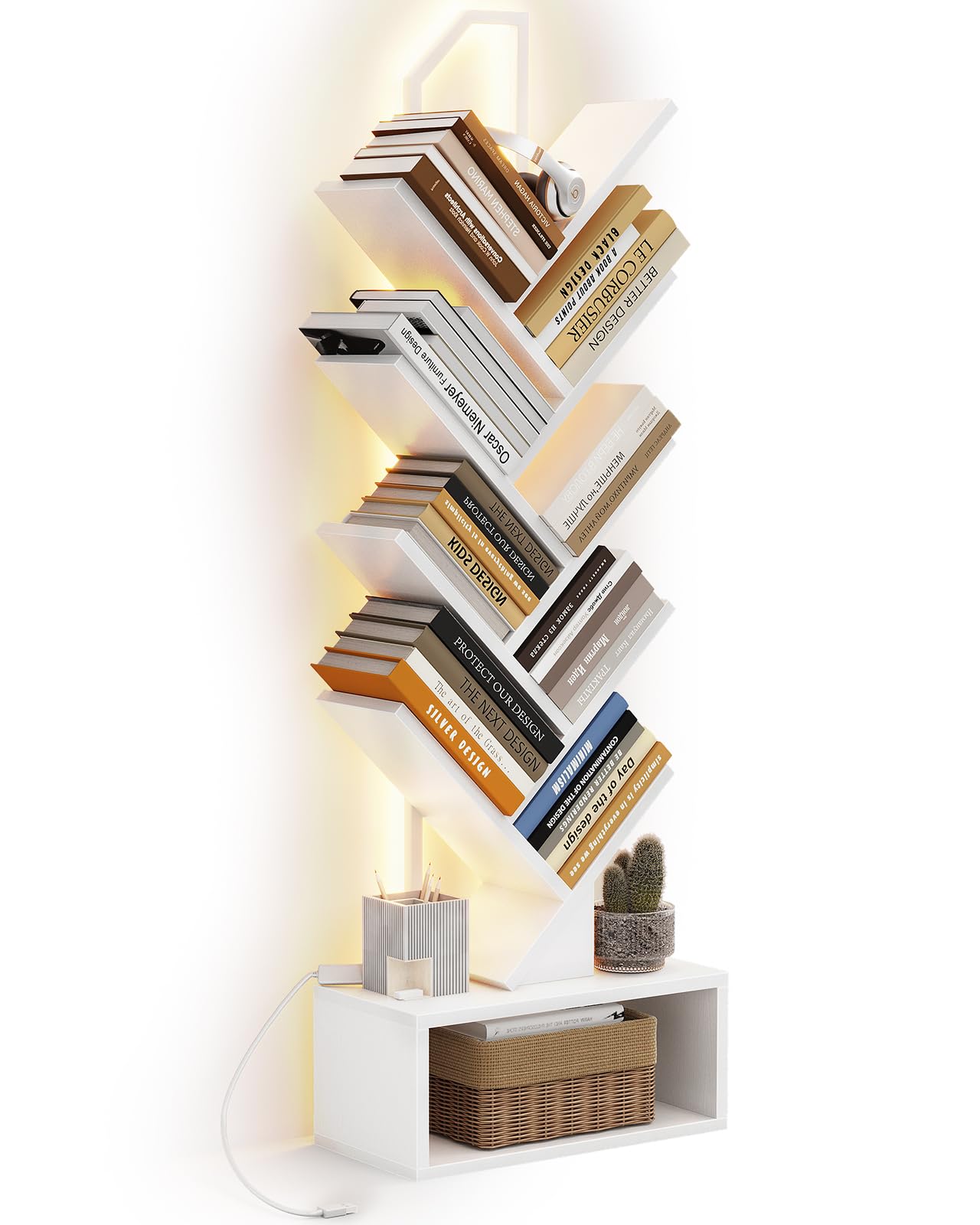 Coleshome 8-Tier LED Tree Bookcase, Wooden Bookshelf, 114.5cm, White