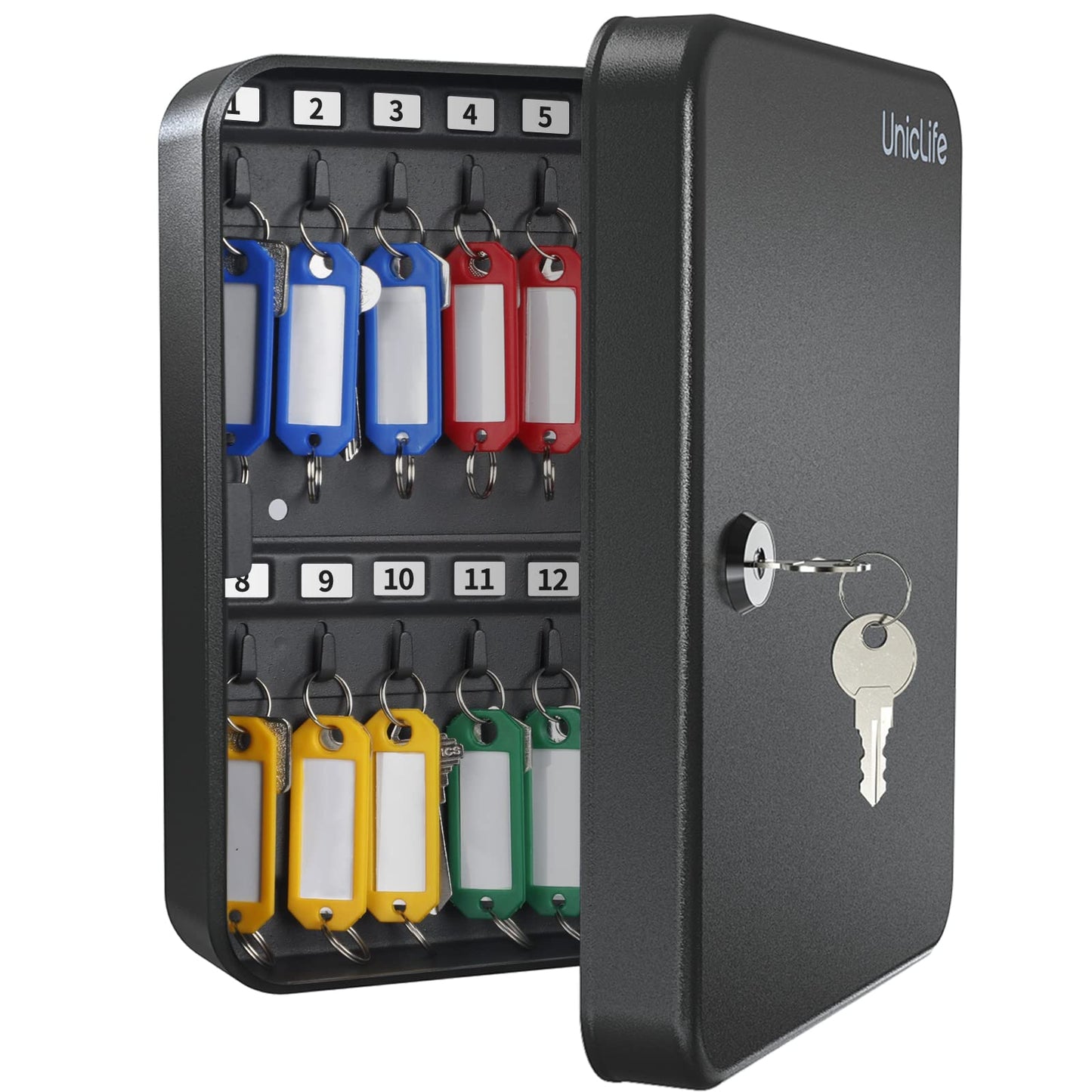 Uniclife 28-Key Steel Key Cabinet with 2 Unlocking Keys Wall Mounted Key Organizer Black Frosted Security Box with Hooks and Large Key Tag Labels
