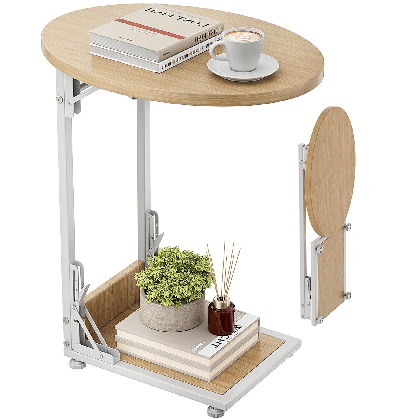 Mutool C Shaped Side Table, Foldable Round Sofa Table with Metal Frame, Small Coffee Table for Living Room Bedroom Office, Light Walnut