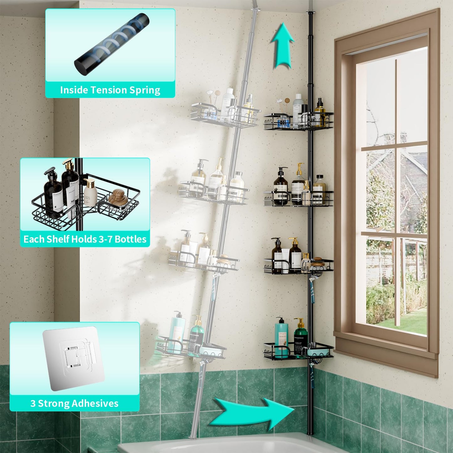 HapiRm Telescopic Shower Caddy - Bathroom Corner Shower Caddy with 4 Tier & 22 hooks, No Drilling Adjustable Storage Organiser, Rustproof Shower Shelf