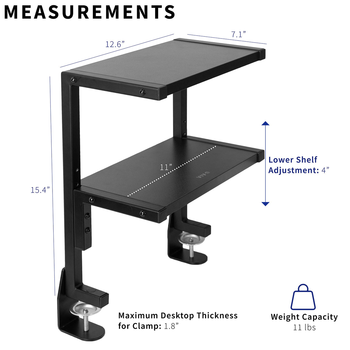 VIVO Clamp-on 33cm Above or Below Desk 2-Tier Shelving Unit for Table Accessories, Gaming Devices, and More, Storage Tray, Desktop Organizer, Black